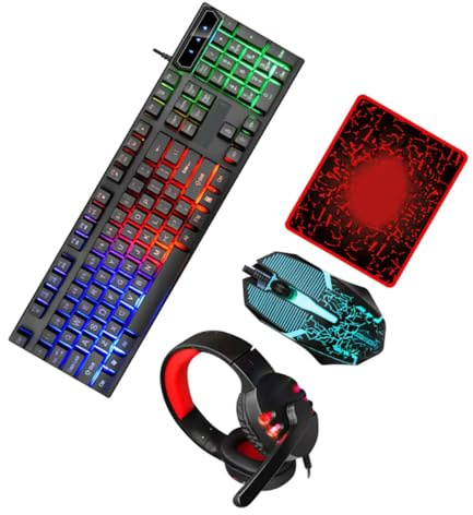 FONDOTIN Wired Rgb Backlit Keyboard Mouse Combo with Headset and Mouse Pad for Gaming and Office Use Ergonomic USB Keyboard with LED Lighting