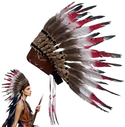 SMELEYOU Indianer-Kopfschmuck mit Federn, Indianer-Kopfschmuck, Cosplay, Halloween-Kostüme für Männer und Frauen, Rot