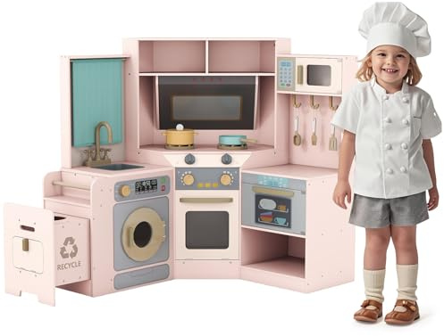 HOMASIS Cuisine Jouet d'angle avec Sons et Lumières, Cucina en Bois avec Poubelle Amovible, Machine à Laver, Micro-Ondes, Four et Rideau, pour Enfants de 3+ Ans (Rose)