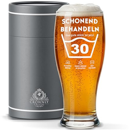 CROWNLY CRYSTAL Bierglas SCHONEND BEHANDELN 30 Lustiges Geburtstagsgeschenk für Männer zum 30. Geburtstag Bruder Onkel Papa Opa