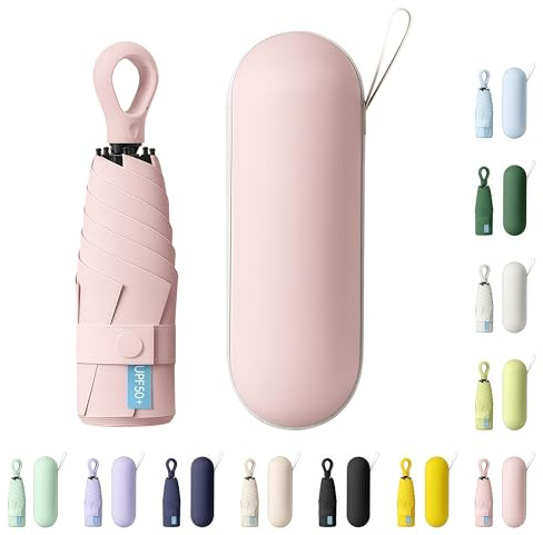AYEUPZ Mini-Reiseschirm,UV Schirm,Taschenschirm,6-Rippen Mini Schirm,Doppelstützstange für größere Stabilität,Geldbörse mit Etui – kleiner kompakter UV-Regenschirm, Sonnenschutz (Rosa)