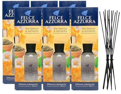 Felce Azzurra Diffusore Ambiente a Bastoncini, Fragranza THE BIANCO E OSMANTO, Formato 120ml + Ricambio 10 Bastoncini Per Diffusori Neri (6 Unità + Bastoncini)