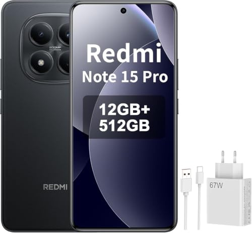 XIAOMI REDMI Note 15 Pro 4G - Smartphone de 12+512GB, batería de 6500 mAh, cámara de 200 MP, Pantalla AMOLED FHD+ de 6,77 Pulgadas, Negro, Included 67W Charger