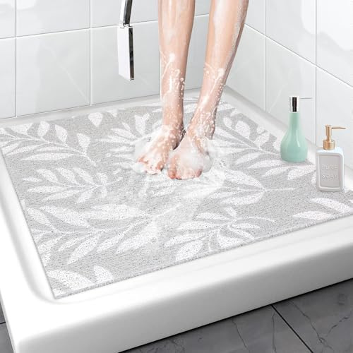 Zokbom Duschmatte rutschfest 80x80 cm, PVC-Luffa Badewannenmatte mit Ablauflöchern, Weich Komfort Sicherheits Antiruschmatte Dusche, Schnell Trockend (Graue Blätter, 80x80 cm (Quadratisch))