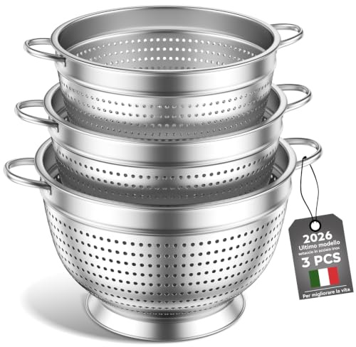 Set di 3 scolapasta in acciaio inox, 20/24/26cm Colino-Scolapasta in Metallo per Lavello con Manico, Filtro a Maglia Fine per Lavare Pasta, Verdura, Frutta e Riso (tre)