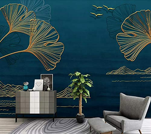 MIWEI Wallpaper Papier Peint Panoramique Ligne De Feuille De Ginkgo Doré Minimaliste Papier Peint Nature Intissé Murale Chambre Salon（350cmX256cm）