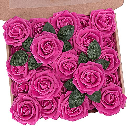 N&T NIETING Artificial Flowers, Foam Roses Perfect for DIY Wedding Bridal Bouquets Centerpieces Bridal Shower Party Home Flower Arrangement Decor 25Pcs, Hot Pink