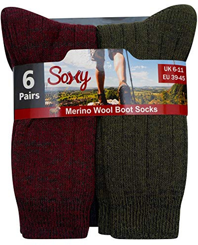 6 Pairs Mens Merino Wool Soft Warm Socks - Wool Blend Boot Hiking Walking Socks - UK 6-11/EU 39-45