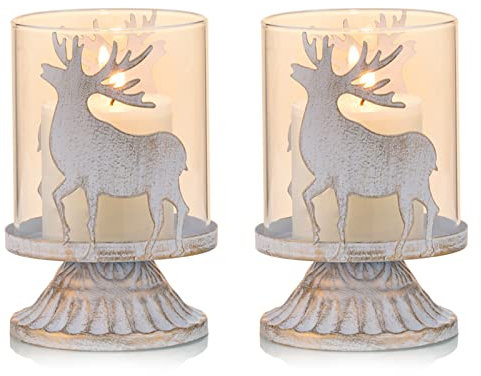 Sziqiqi Kerzenhalter Weihnachtsdeko Innen Tisch: Windlichter 2er Set Hirsch Kerzenständer Metall Vintage für Weihnachten Deko Tisch Wohnzimmer Weiß