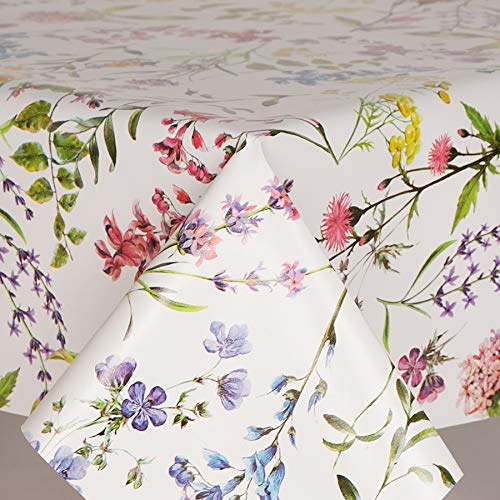 Home Expressions® Fabulous Flowers Classic Botanical Flowers on White Ground with Pink, Lavender and Green, Pvc Wipe Clean Vinyl Table Cloth/Protector Textile Backing (183cm x 135cm Oval)