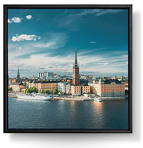 BilderKing Wandbild Stockholm Skyline - 50cm x 50cm Leinwand auf 2cm Keilrahmen mit Schattenfugenrahmen schwarz