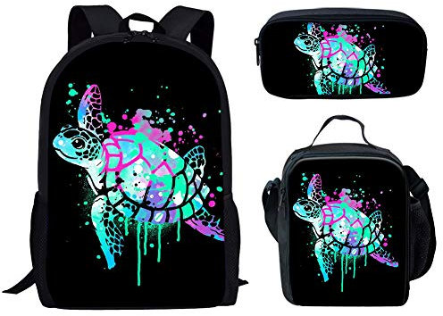 Binienty Schulbüchertaschen-Set 3-in-1, Doppelreißverschluss-Rucksack + Lunchbox + Federmäppchen für Kinder, Jungen, Mädchen, schildkröte, Einheitsgröße, Modern