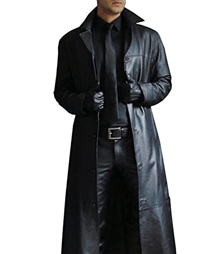 Suncolour Chaquetas de Cuero Negras para Hombre Abrigos de Cuero de Cuerpo Entero Hombres Chaqueta Larga de Motociclista clásica de imitación Ajustada