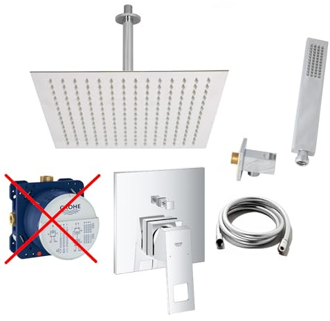 vanvilla Duschsystem Unterputz mit Duscharmatur Grohe poliert G17-ob | Duscharmatur von Grohe Eurocube Einhebelmischer und vanvilla Regendusche Duschkopf eckig, Dusch-SET poliert