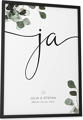 Papierschmiede® Personalisiertes Bild: JA Wort mit Namen, Datum und Ort | DIN A3 (30x42 cm) Bilderrahmen wählbar | Hochzeitsspruch, Personalisiert Bild Hochzeit, Paar Poster „Wedding Ja“