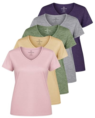 Real Essentials Ladies Dry Fit V Neck Camiseta Mujer (Pack de 5) | Disponible en tallas grandes, manga corta, absorbe la humedad, elástica, ropa deportiva para correr, senderismo, tenis