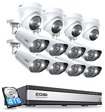 ZOSI 4K Überwachungskamera Set, 12X 8MP PoE IP Kamera Überwachung Aussen mit Smart Personenerkennung und Spotlight Alarm, 16CH 4TB HDD NVR für 24/7 Video- & Audioüberwachung, Farbnachtsicht
