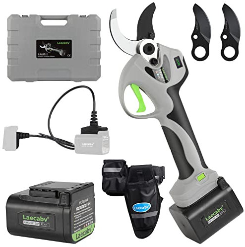 Laecabv 40mm forbici potatura elettriche professionali, 2 batterie da 2.0Ah+4.0Ah 10 ore di Autonomia, SK5 Teflon Lama Taglio progressivo forbice cesoia da potatura (LA40S1GYBK)