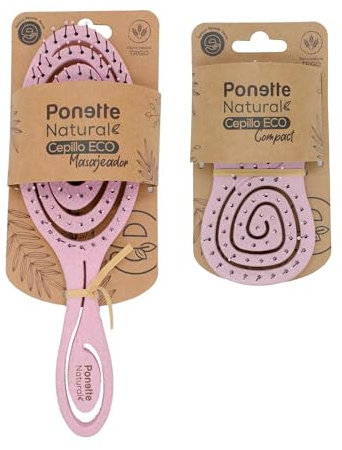 PONETTE Natural – Eco-Haarbürsten-Set, umweltfreundlich, entwirrend, reißfest, Reisebürste, Rosa, hergestellt aus natürlichen Weizenfasern, 100 % recycelbar, spanische Marke