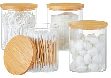 INIUNIK 4 Pack Glass Qtip Holder Dispenser Glass Apothecary Jars with Lids Cotton Ball Swab Pad Holder Bathroom Essential Canisters Accessories Jars for Bathroom Organization Vanity Organizers