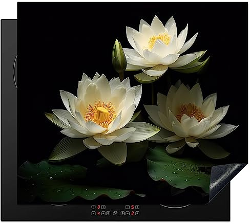 KitchenYeah© Herdabdeckplatte Einteilig Induktionsmatte Küche Abdeckung | 59x52 cm - Ceranfeld Herd Abdeckplatte Deko Vinyl Matte Aufrollbar Lotus - Blumen - Weiß - Natur - Schwarz - Design