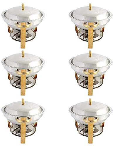 3,5-Liter-Edelstahl-Warmhaltebehälter-Set für Catering-Buffets, 6er-Pack runder Chafing Dish in voller Größe mit Lebensmittelbehälter, Wasserbehälter, Deckel, Rahmen und Brennstoff