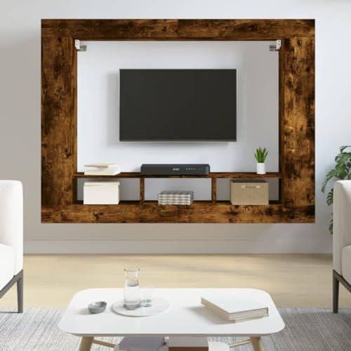 Homgoday Holzwerkstoff TV-Ständer mit großem Stauraum | Räuchereiche | 152 x 22 x 113 cm | Wandmontage | Wohnzimmer Model833727