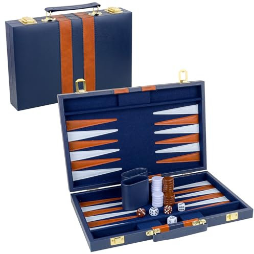 Gesserit Klassisches Backgammon-Set für 2 Spieler - Tragbares Reise-Backgammon mit hochwertigem PU-Lederetui (Marineblau, 15 Zoll)
