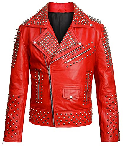 Trendy Jacket Mens Brando Silver Spikes Studded Rock Punk Leather Jacket Motorcycle Red Biker Leather Motorbike Outerwear, Medium