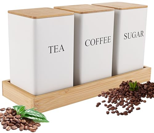 YAYODS Tea Coffee Sugar Canisters with Bamboo Lid and Trays, Set of 3 Food Storage Containers White Storage Jars for Kitchen 8.5x8.5x15CM