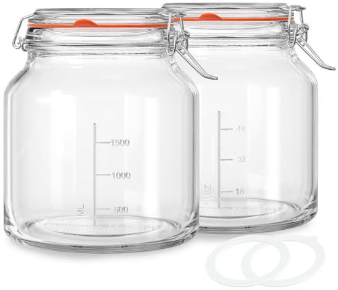 Qianfenie 2 Pack 79oz Glass Jar with Lid(2350ML), 0.6 Gallon Mason Jars Wide Mouth with Airtight Lid, Glass Pickle Jar for Food Storage, Cookies, Pickling, Kombucha(Includes 2 Spare Seals)