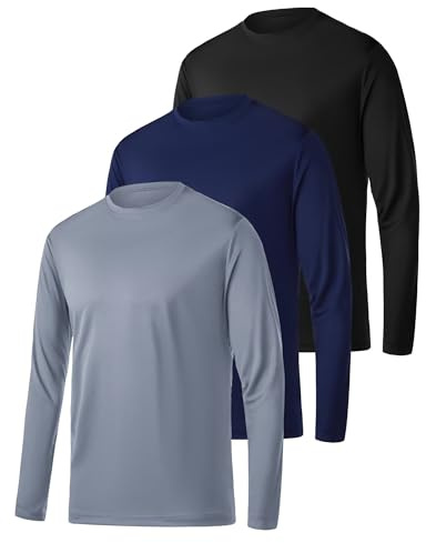 3 Pack Mens Quick Dry Long Sleeve T Shirt Breathable Running Sport Gym Tops UV Sun Protection Hiking Fishing Casual T-Shirt Black/Navy/Grey M