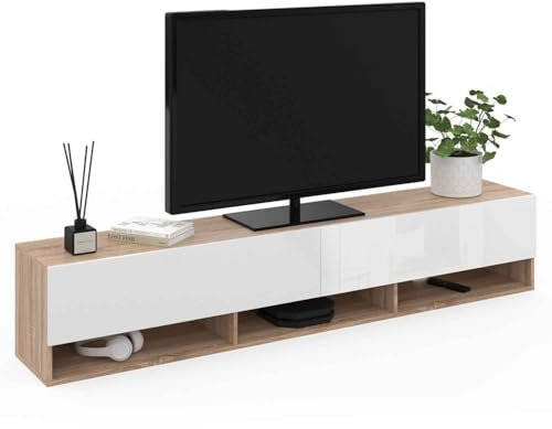 IDMarket - Mobile TV da 180 cm sospeso Elio 2 ante con ripiano in legno e bianco