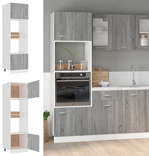 Homgoday Mikrowellenschrank, Sonoma-Grau, 60 x 57 x 207 cm, mehrschichtiges Holz, Möbelschrank, Büromöbel, Aufbewahrungsschrank