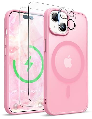 ORETECH Magnetic for iPhone 15 Case, [Compatible with MagSafe] [2 Pcs Screen Protectors] [15 FT Drop Protection] Frosted Translucent Back, Shockproof, Anti-Scratch - Light Pink