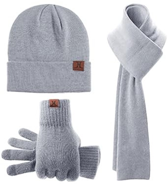 EQWIGKEIT Mütze Schal Set Damen Einfarbig Strickmütze Weiche Winterset Gestrickte Retro Handschuhe Warmes Winterschal Flauschig Strickschal Wärmer Mütze Damen 3 In 1 Set