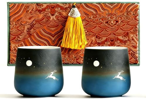 HOHCNA Double Wall Ceramic Tea Cup, Porcelain Espresso Cup, 8.5 oz Japanese Style Matte Glazed Mug for Tea, Tea Bags, Coffee, Latte, Beer - Set of 2 (Blue)