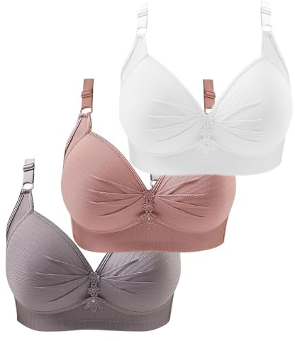 HUIFUAO Lot de 3 Soutiens-Gorge Push-up sans Armatures en Coton pour Femme, Grande Taille, Confortable, Bretelles réglables, A-1Gris + 1Rose + 1Blanc, L