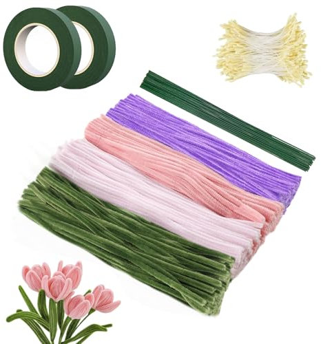 BDHYYM 400 Pcs Fil Chenille Bouquet de Tulipes,Cure Pipe Chenille Loisir Creatif avec Floratape et Tige Fleur Artificielle et Étamines,Adapté aux Fournitures de Bouquet de Fleurs et de Décoration DIY