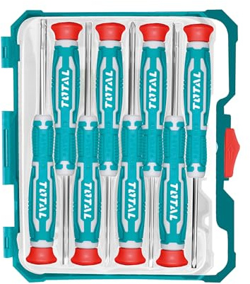 TOTAL - Set di 8 Cacciaviti di Precisione | Punte Piatte, Phillips e Torx Magnetiche | Ideale per Ristrutturazioni e Manutenzione | Manico Ergonomico Trimateriale | Acciaio Resistente alla Corrosione