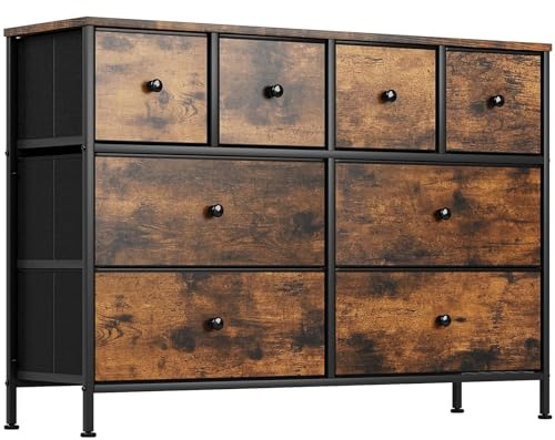 Clevich Kommode mit Schubladen, mit 8 Stoffschubladen, Holzplatte, Metallgestell, Geeignet für Schlafzimmer, Wohnzimmer, Kinderzimmer, Büro, Flur, Diele (Retro braun+schwarz)
