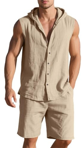 Maskjuwio 2 Teiler Herren Sommer, Ärmellos Trainingsanzug Jogginganzug Mit Kapuze Kurze Sportanzug Button Down Leinenanzug Baggy Sommeranzug Mit Tasche Und Kordelzug Atmungsaktive Freizeitanzug