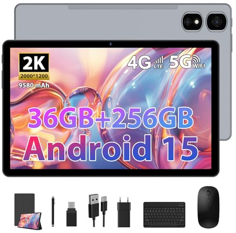TIGERFU Tablet 11 Pulgadas, 2K Tablet con Teclado y Raton, 36GB RAM + 256GB ROM + TF 2TB, Admite Dos Tarjetas SIM+5G/2.4G WiFi, Octa-Core 2.0 GHz, 8MP+13MP, 9580mAh, BT5.0, 2000 x 1200 Pixels (Gris)