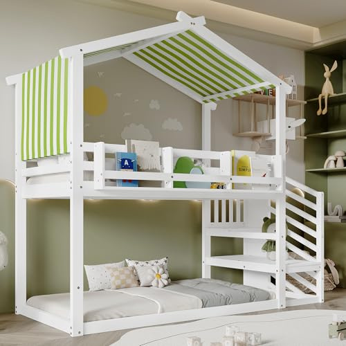 ModernLuxe Children's Bunk Bed with Decorative Canopy, 3ft Teen Bed with Corner Staircase, MDF & Pinewood, White & Green, 90x190cm, Space-Saving Design with Picture Bookshelf - No Matress