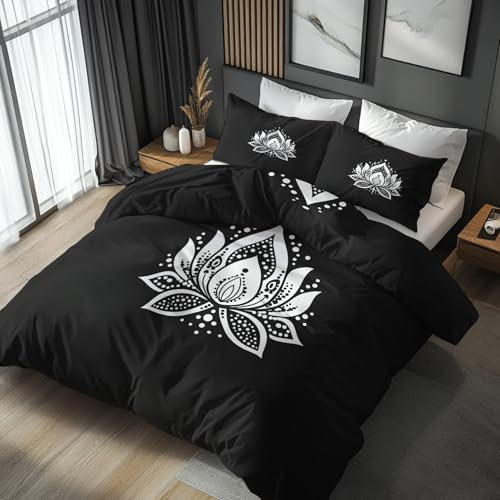 Generisch Blumen Bettwäsche 135x200 Schwarz Motiv 2tlg, Weiche Mikrofaser Bettbezug & 1 Kissenbezug 80x80, Wendebettwäsche für Schlafzimmer Deko, Geschenke (R84)