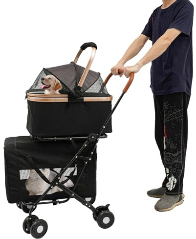 2 Etagen Leichter Faltbarer Haustierwagen 35 kg Hunde Katzenkinderwagen 46×58×97 cm mit 2 abnehmbaren Transportboxen Kissen & 360°-Drehrädern, Hundewagen für kleine mittelgroße Tiere, Schwarz