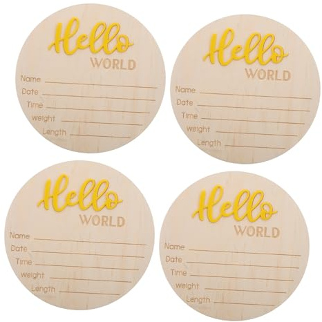 WEKAMOS 4pcs Birth Sign Card Wooden Newborn Announcement Sign for Boys Girls Welcome Nursery Decor Prop