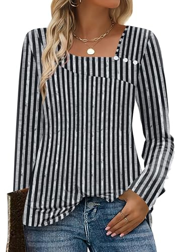 OFEEFAN Winter Clothing for Women Early Fall Fashion Womens Tops Long Sleeve Tops Blouses for Women Dressy Casual Business Casual Outfits Black Striped L