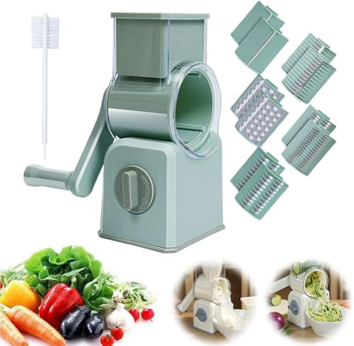 Rotary Cheese Grater,5 in 1 Kitchen Speed Mandolin Slicer Nuts Grinder with Handle,Hand Crank Vegetable with 5 Well-Designed Blades & Strong Suction Base,Easy to Use & Clean