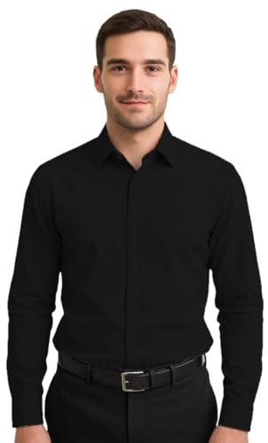 INSAFIANS Men's Button Down Shirt Regular Fit Business Formal Non-Iron Dress Shirt Short or Long Sleeve (BLK LS 36 (14.5))